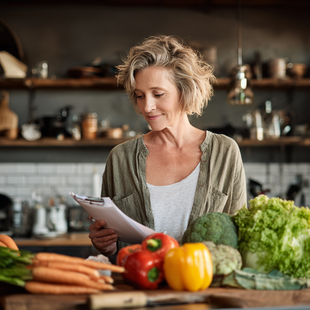Middle-aged woman reviewing personalized meal plan with fresh vegetables on kitchen counter