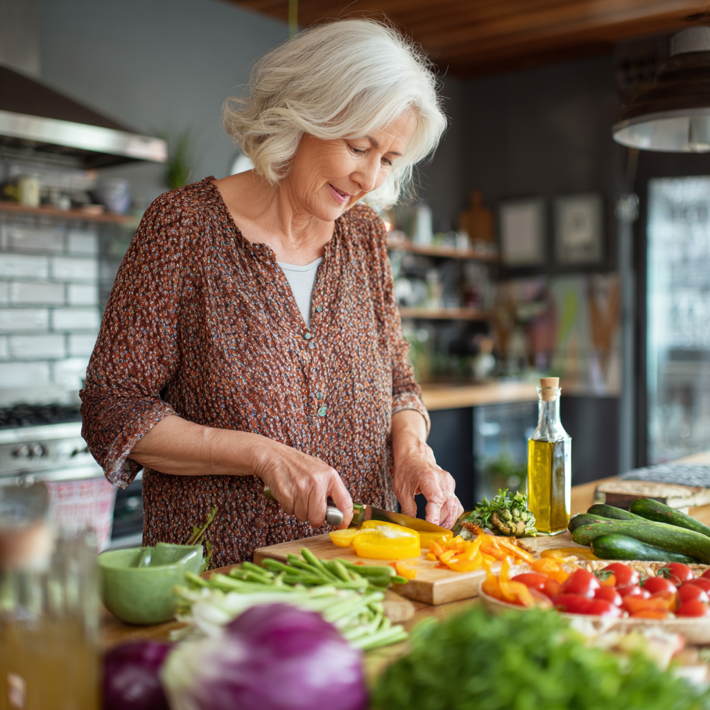 Older adult preparing balanced meal with colorful vegetables in modern kitchen
